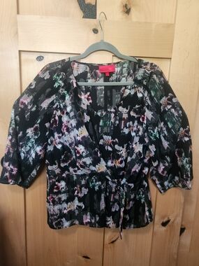 Jennifer Lopez Black Floral Tie-Front Blouse with Pink and Green Accents
